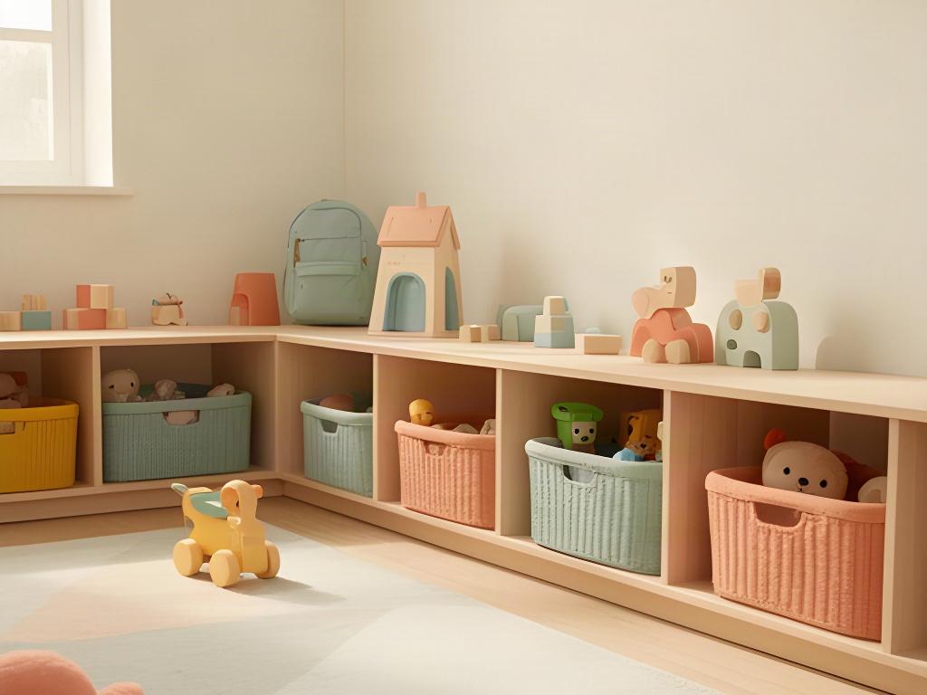 Children's room with low open shelves and a few visible toy baskets that are easy for small hands to reach