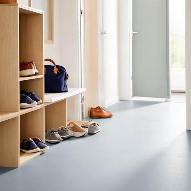 Open entryway storage with shoes and a bag placed at comfortable reach beside a clear walking path