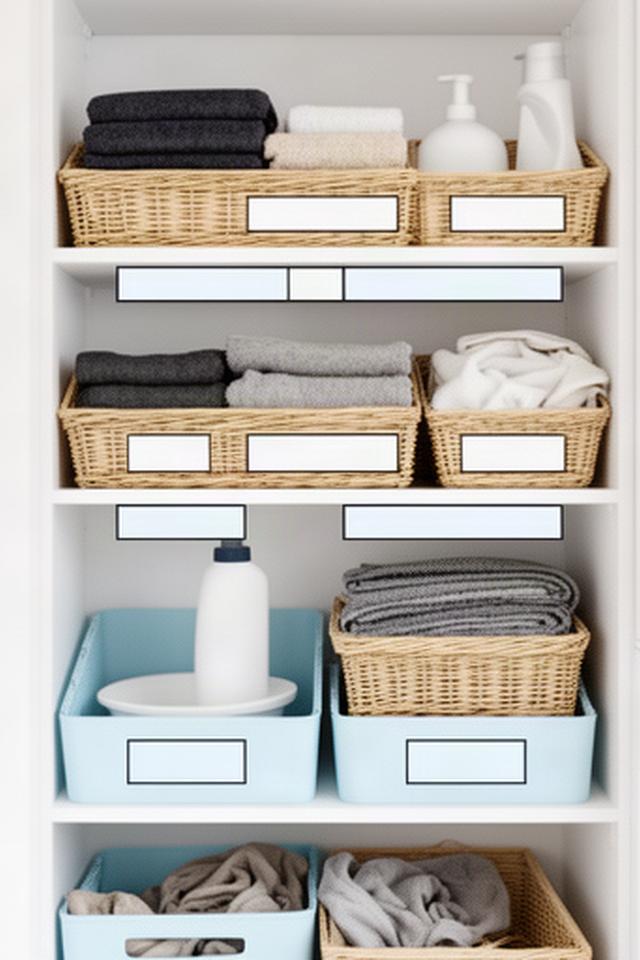 Laundry shelf with open baskets and readable labels arranged at a standing or seated reach height