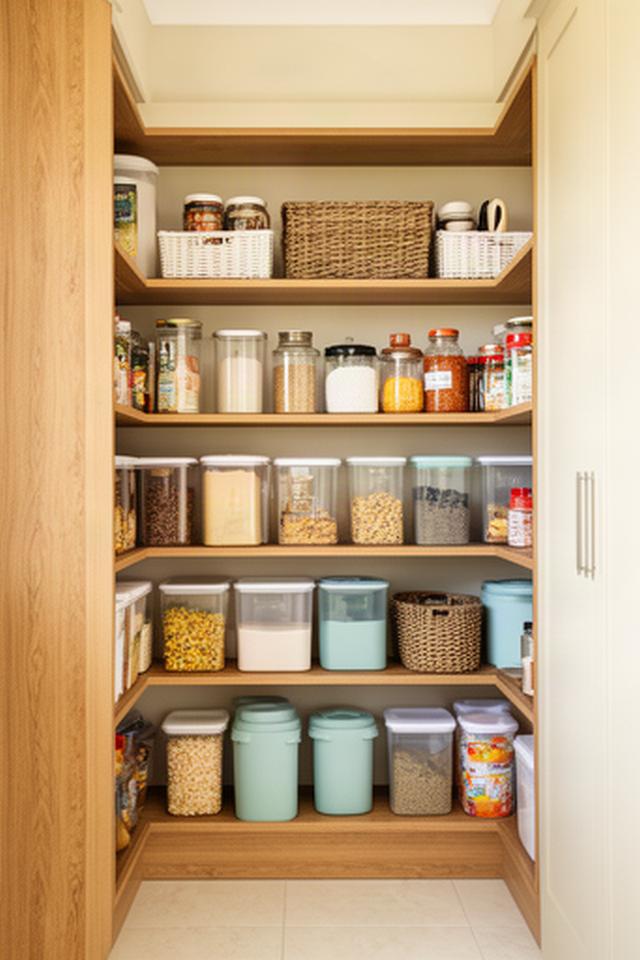 Open pantry shelves in an Atherton home, with clear containers and everyday groceries arranged at easy reach