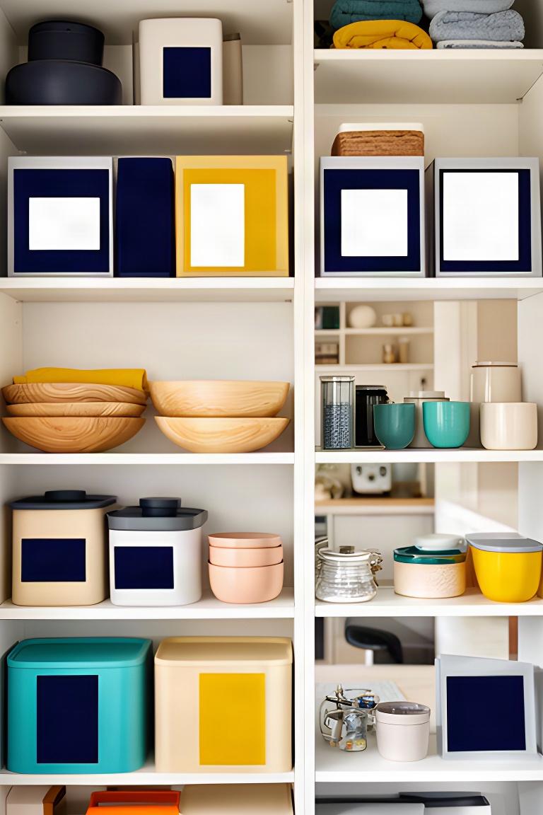 Open shelving with high-contrast labels and visible everyday objects in a compact home