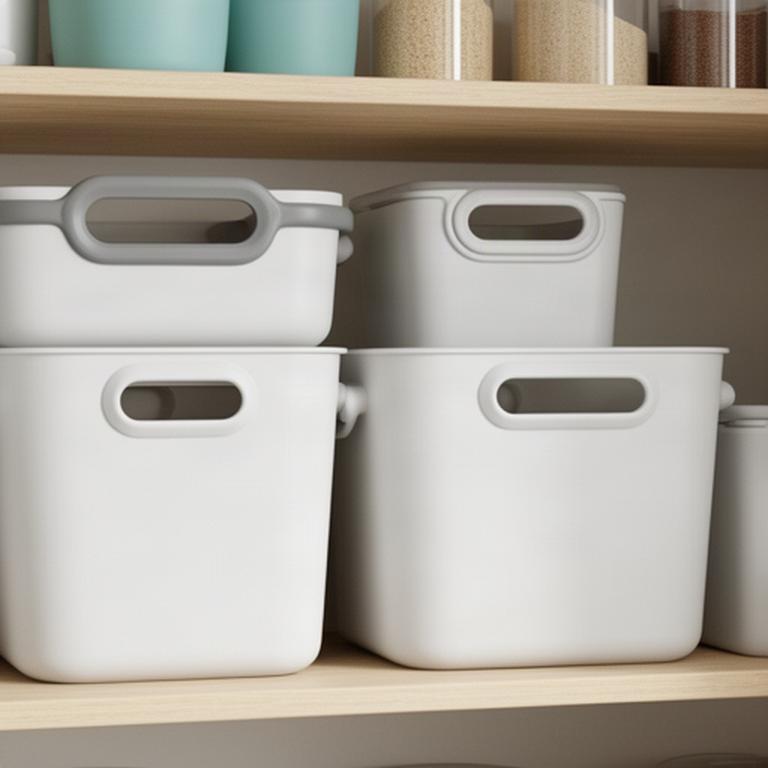 Lightweight, easy-grip storage containers arranged on a waist-height shelf in a home pantry