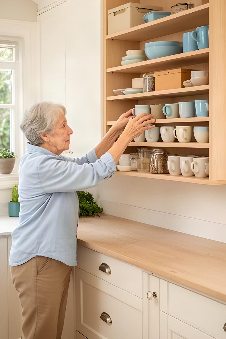 Older adult reaching comfortably for labelled cups on an easy-reach shelf in a bright Atherton kitchen