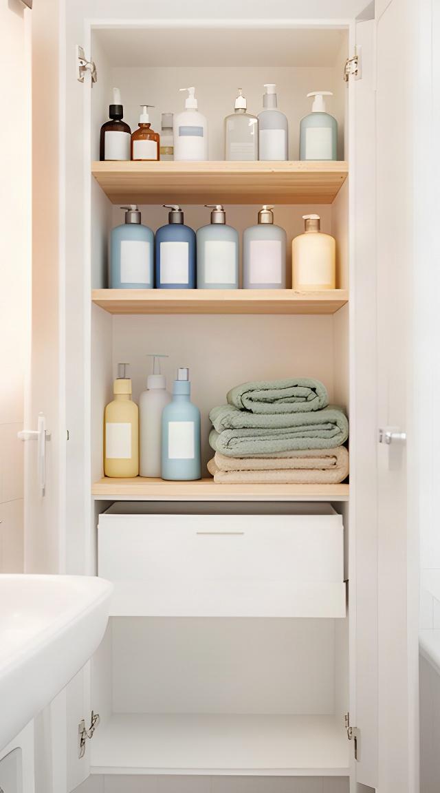 Bathroom storage with daily toiletries placed on an open shelf at an easy-to-reach height