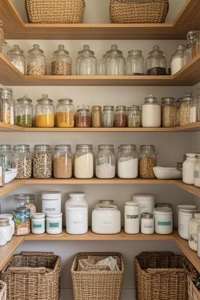 Neatly arranged pantry shelves with labelled jars and baskets in a bright Atherton home