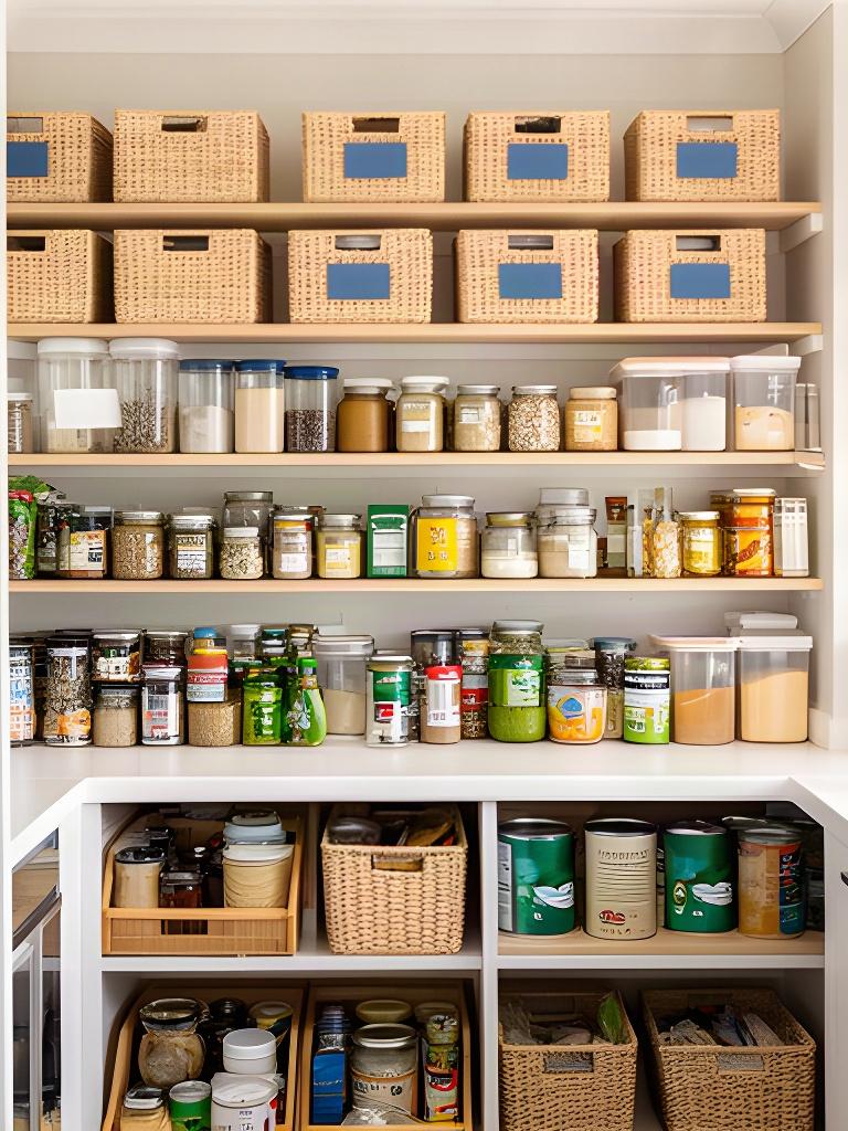 An organised Atherton pantry with labelled baskets, clear work surfaces and everyday ingredients within reach