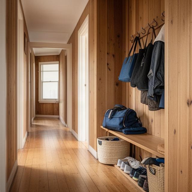 Timber hallway in an older Atherton home with a clear, practical drop zone for bags and shoes