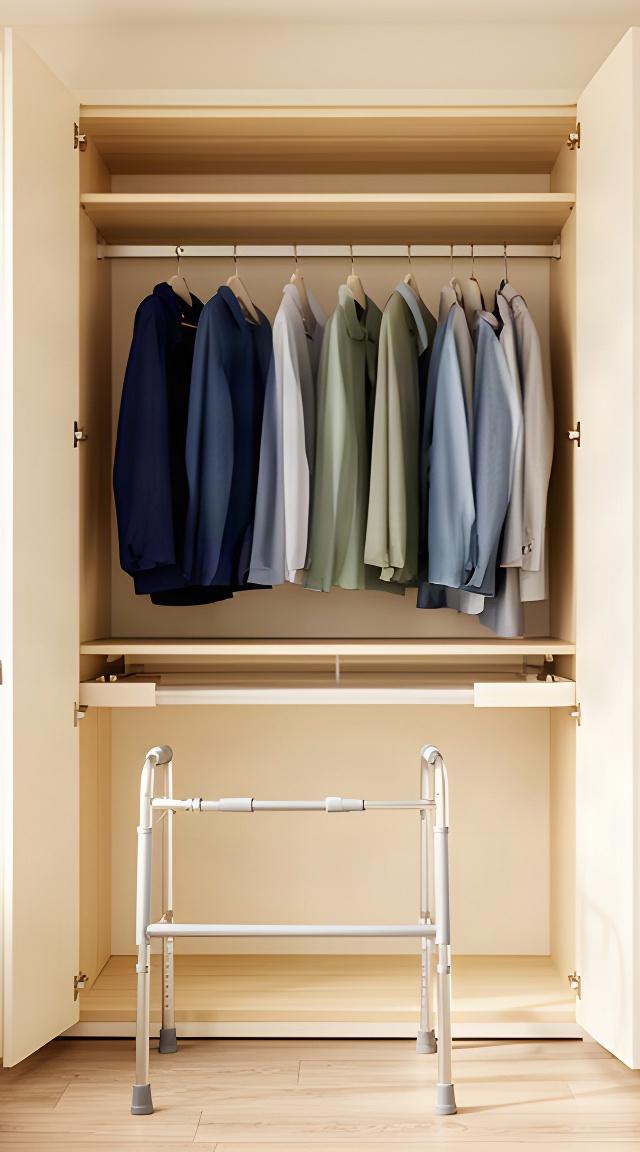 Well-lit wardrobe with frequently worn clothes on a low rail and clear space for a walking aid