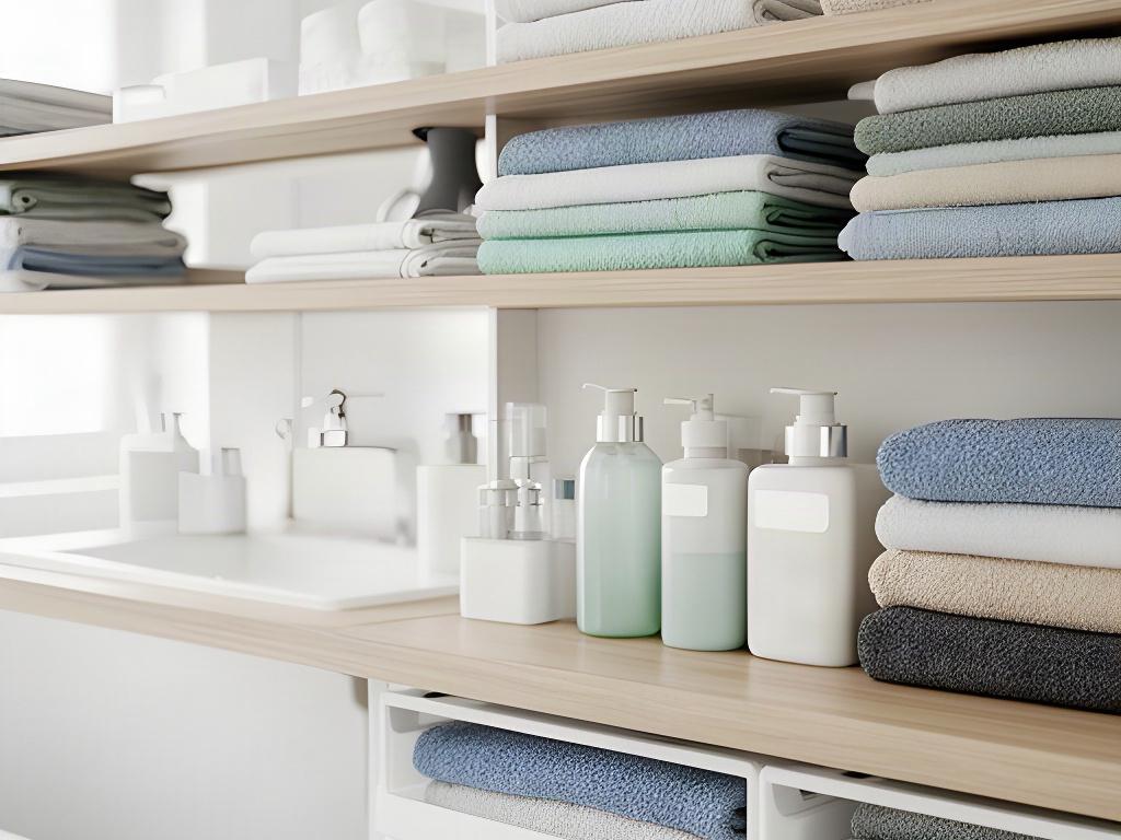 Bathroom linen shelves arranged with towels and daily toiletries in clear, labelled storage zones