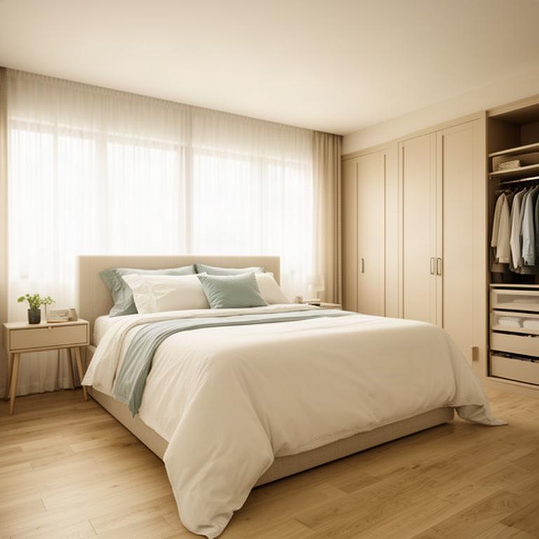Spacious bedroom prepared for property photography with clear bedside surfaces and tidy wardrobe storage