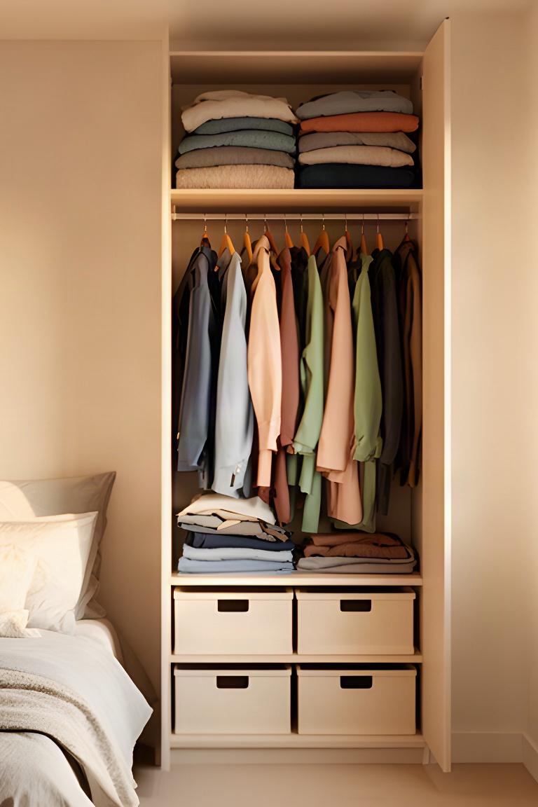 Bedroom wardrobe showing a practical clothing layout with frequently worn items on a reachable rail