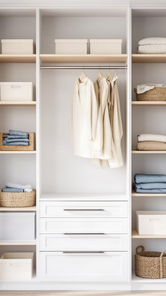 Clear built-in storage with neatly arranged shelves and hanging space in a home prepared for sale
