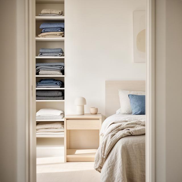 A calm bedroom with clear bedside surfaces and linen stored on open shelves