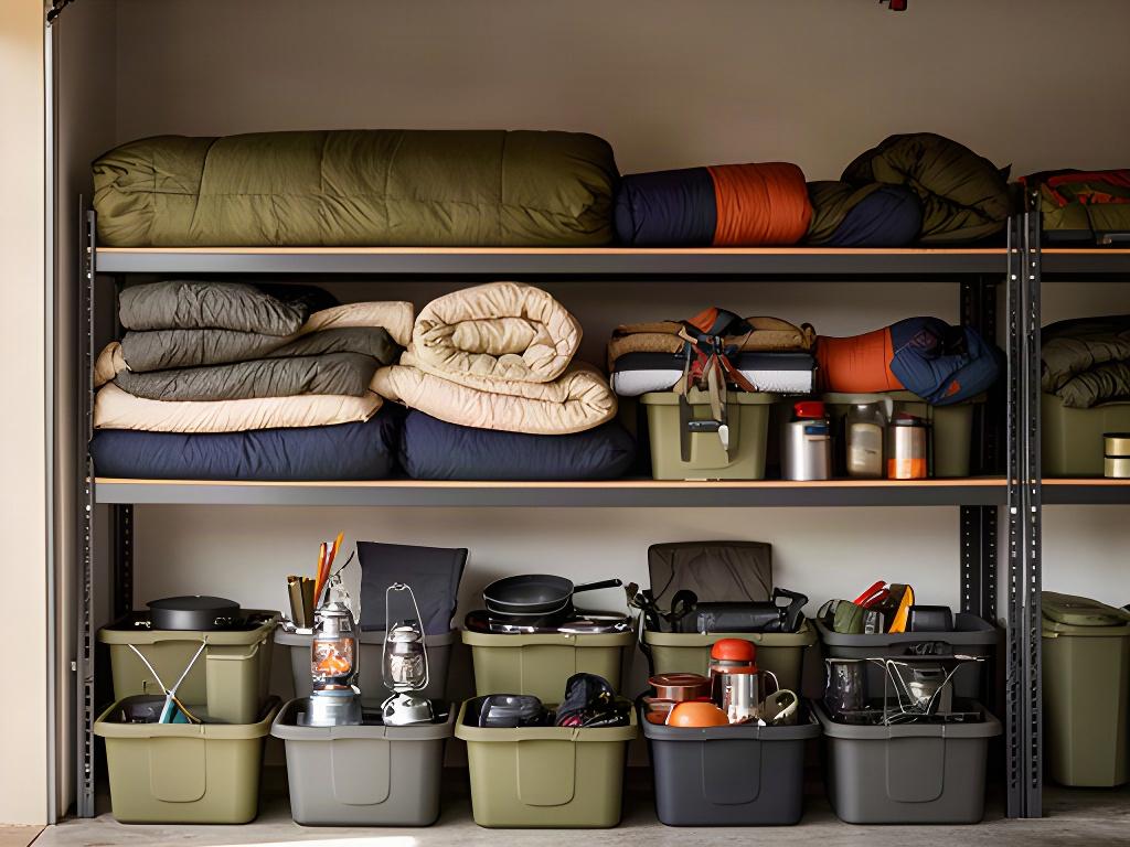 Camping equipment stored together on garage shelving with sleeping bags and cooking gear in labelled tubs