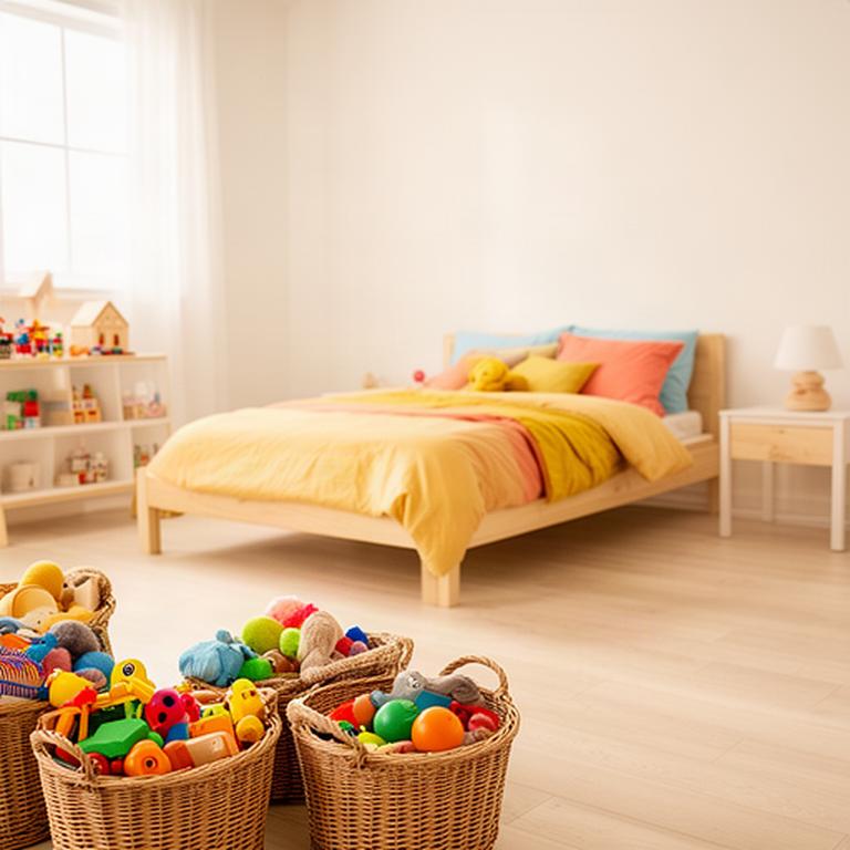 Neatly arranged children's room with toys grouped in open baskets before a home sale