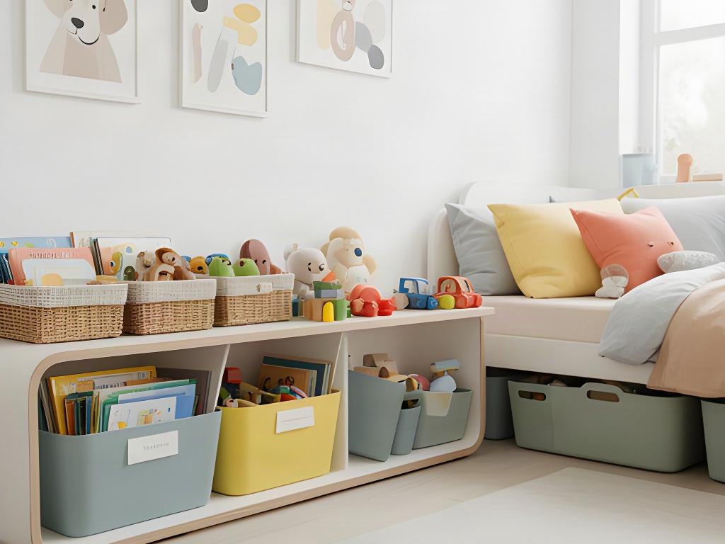 Child's bedroom with an accessible toy shelf, book baskets and a simple toy rotation system