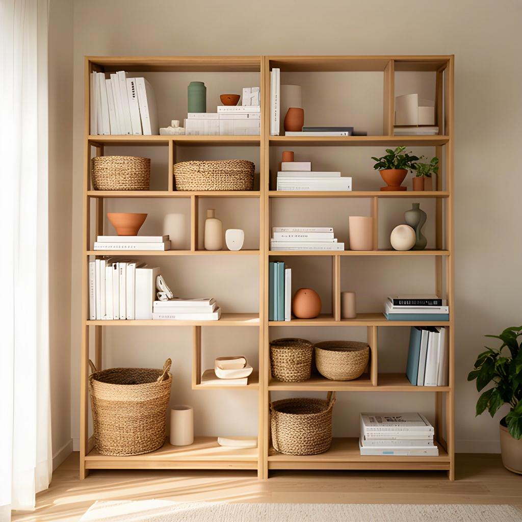 Living room bookshelf arranged with books, woven baskets and open space for frequently used items
