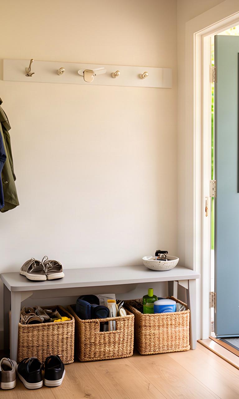 Tidy home entryway with hooks, a small shoe bench and baskets for daily essentials