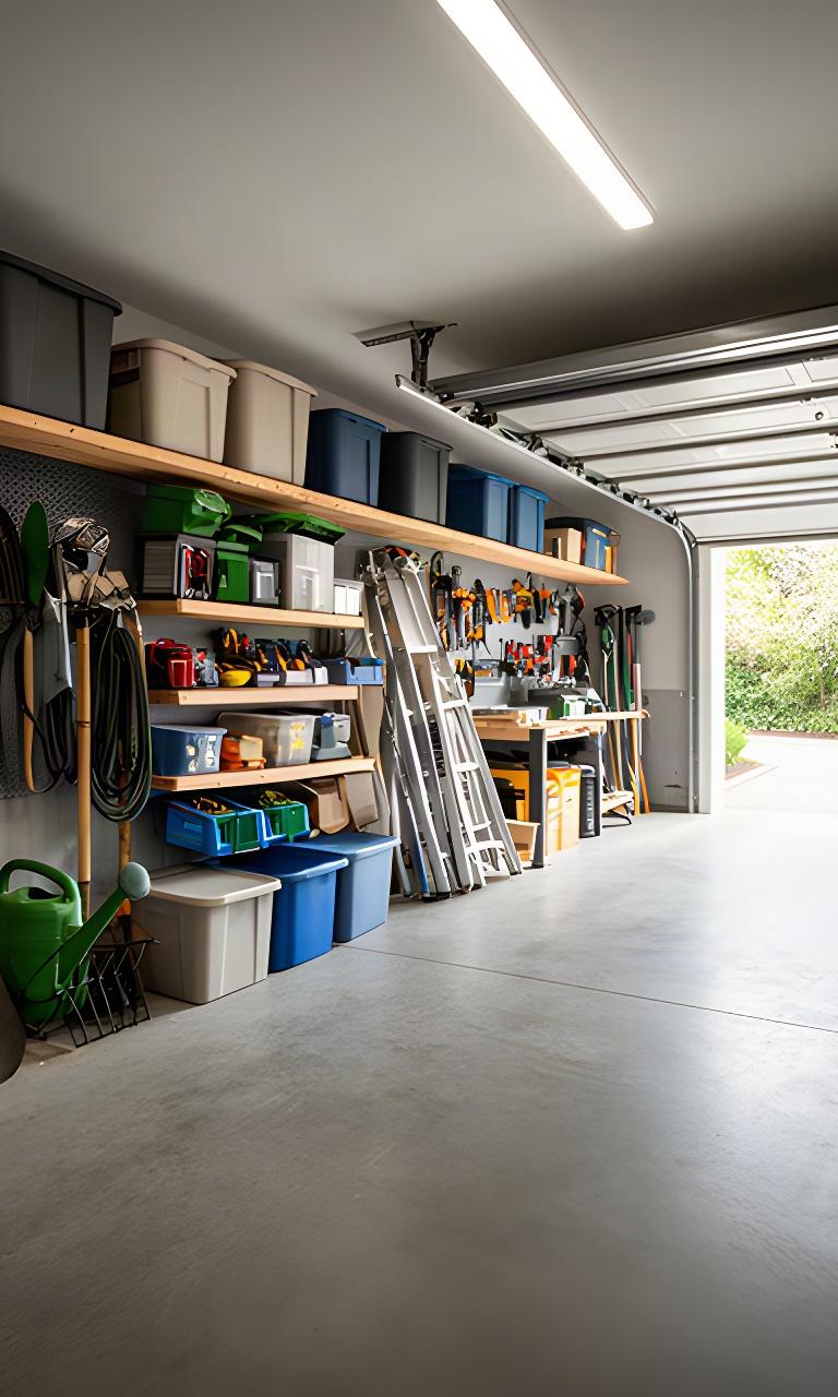 Garage storage wall with labelled tubs, garden equipment and clear space to access household tools