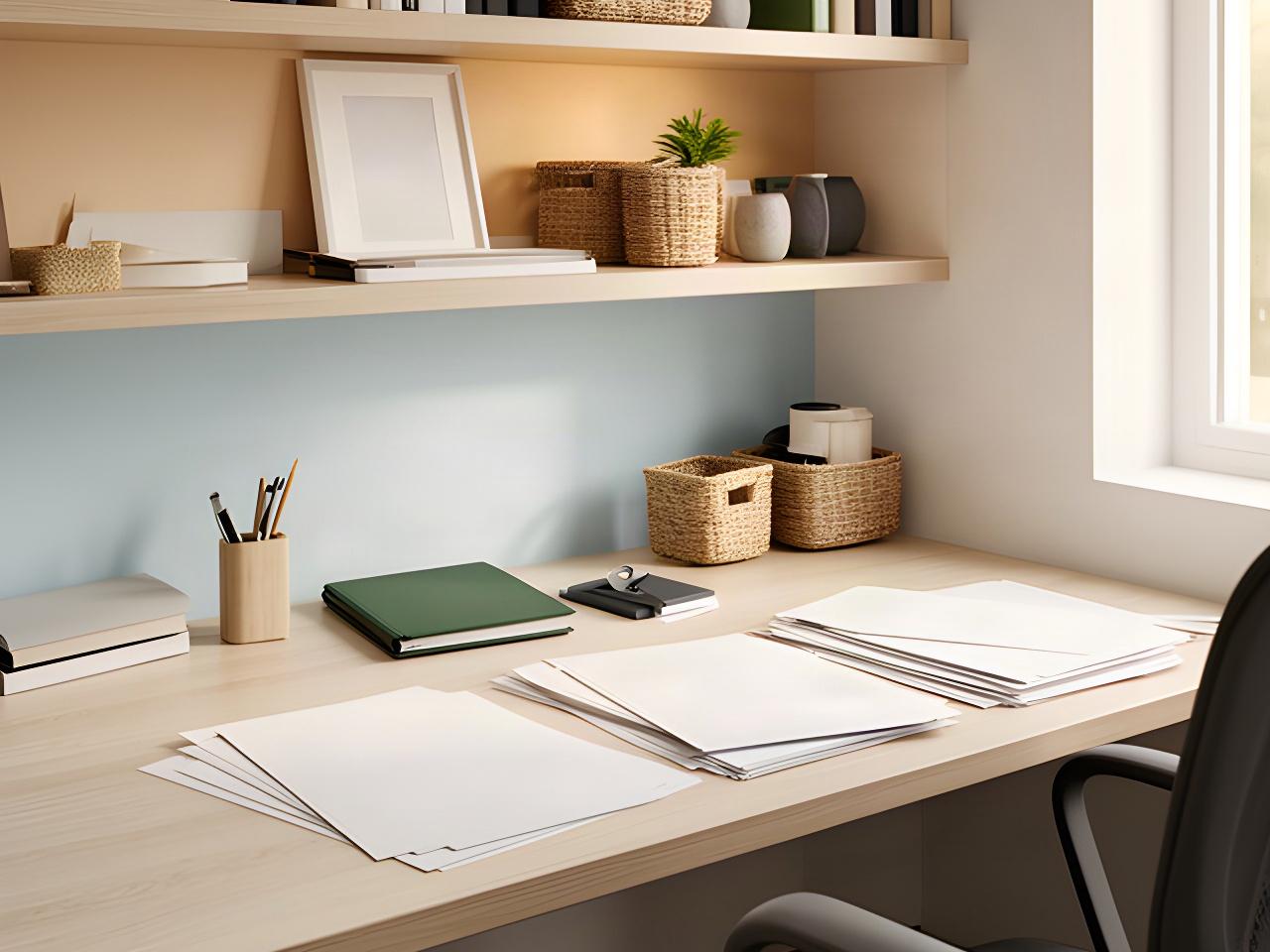 Home office desk with organised paperwork, clear work surface and shelves for everyday supplies