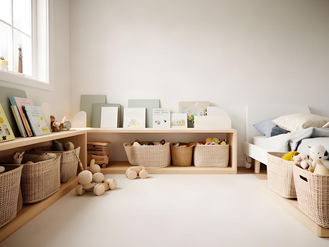 Calm children's bedroom with low toy baskets, accessible books and a clear play area