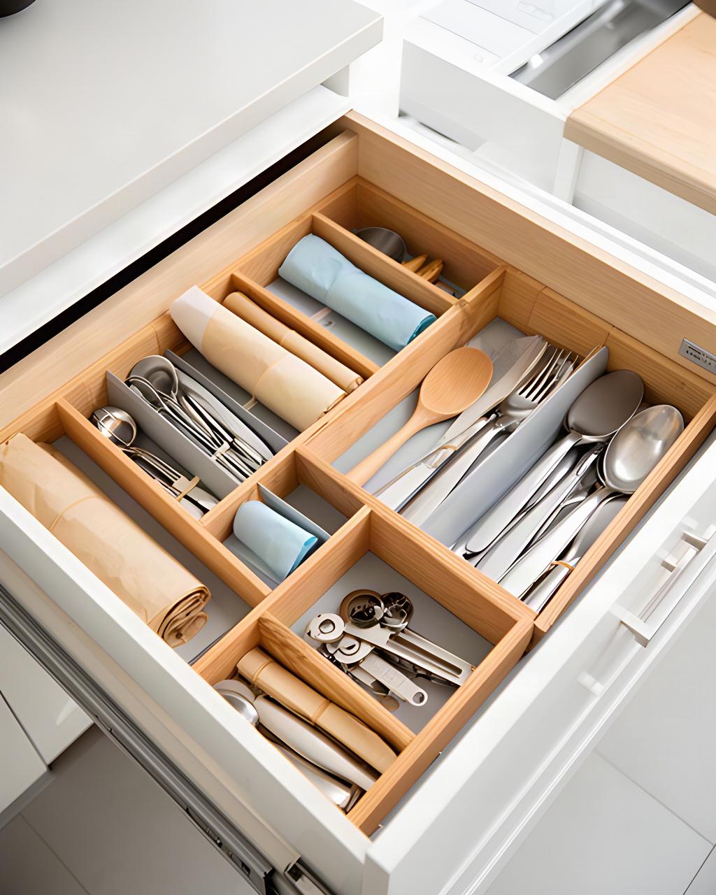 Kitchen drawers arranged with dividers for utensils, wraps and everyday cooking tools