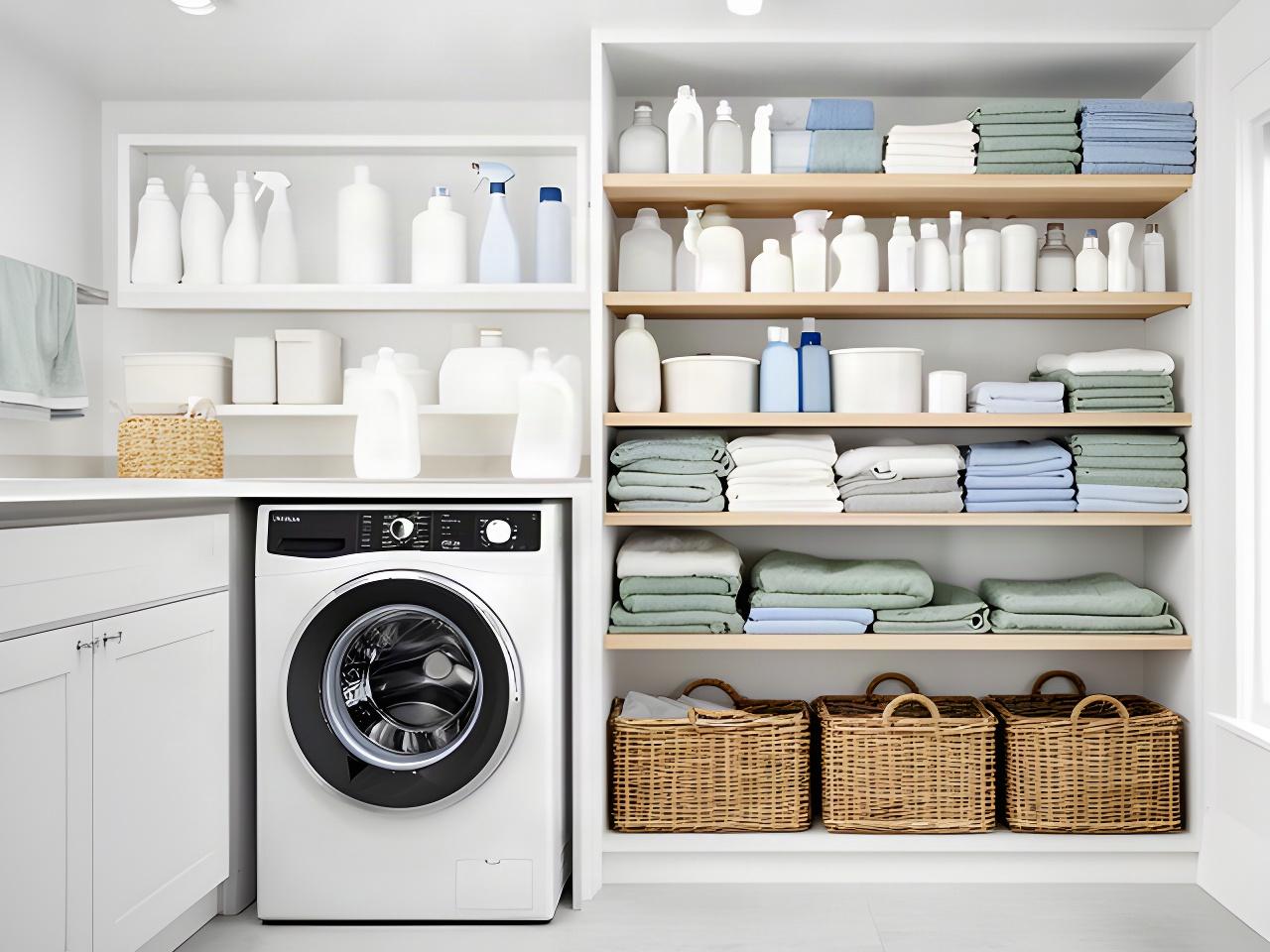 Laundry room shelves with sorted washing supplies, folded cloths and baskets beside a washing machine