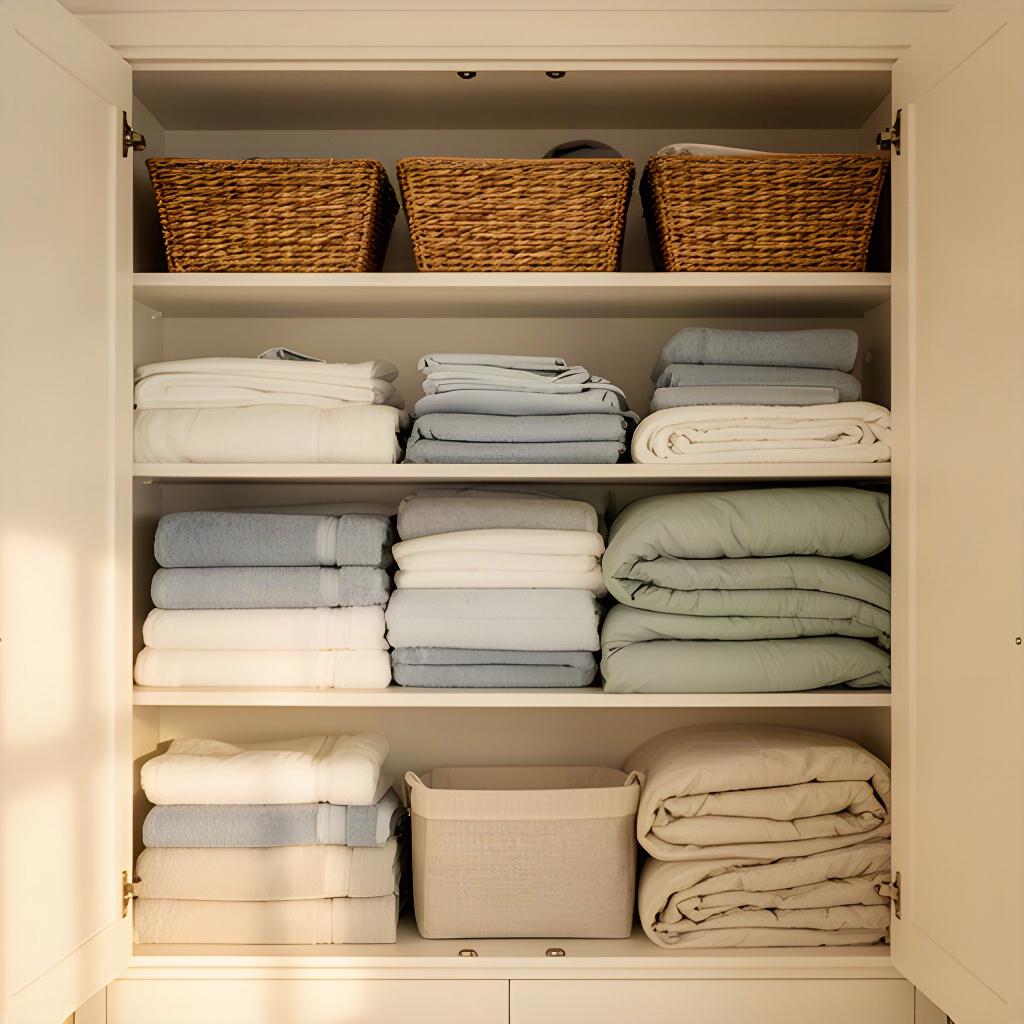 Linen cupboard with neatly stacked towels, separated bedding and baskets on the upper shelf