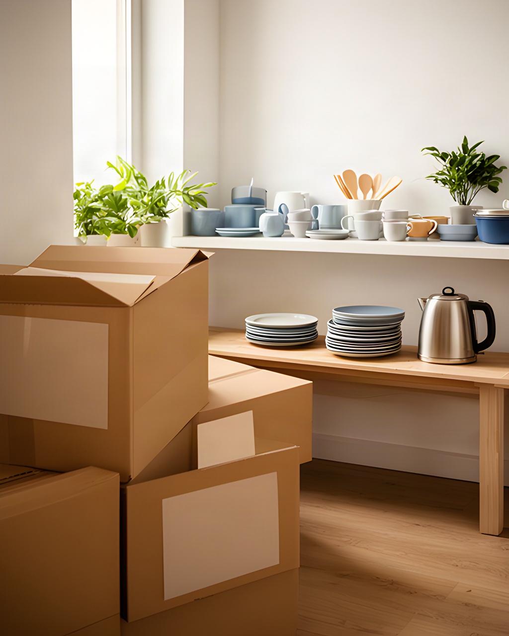 Partly unpacked home with labelled moving boxes and neatly arranged kitchen essentials on a bench