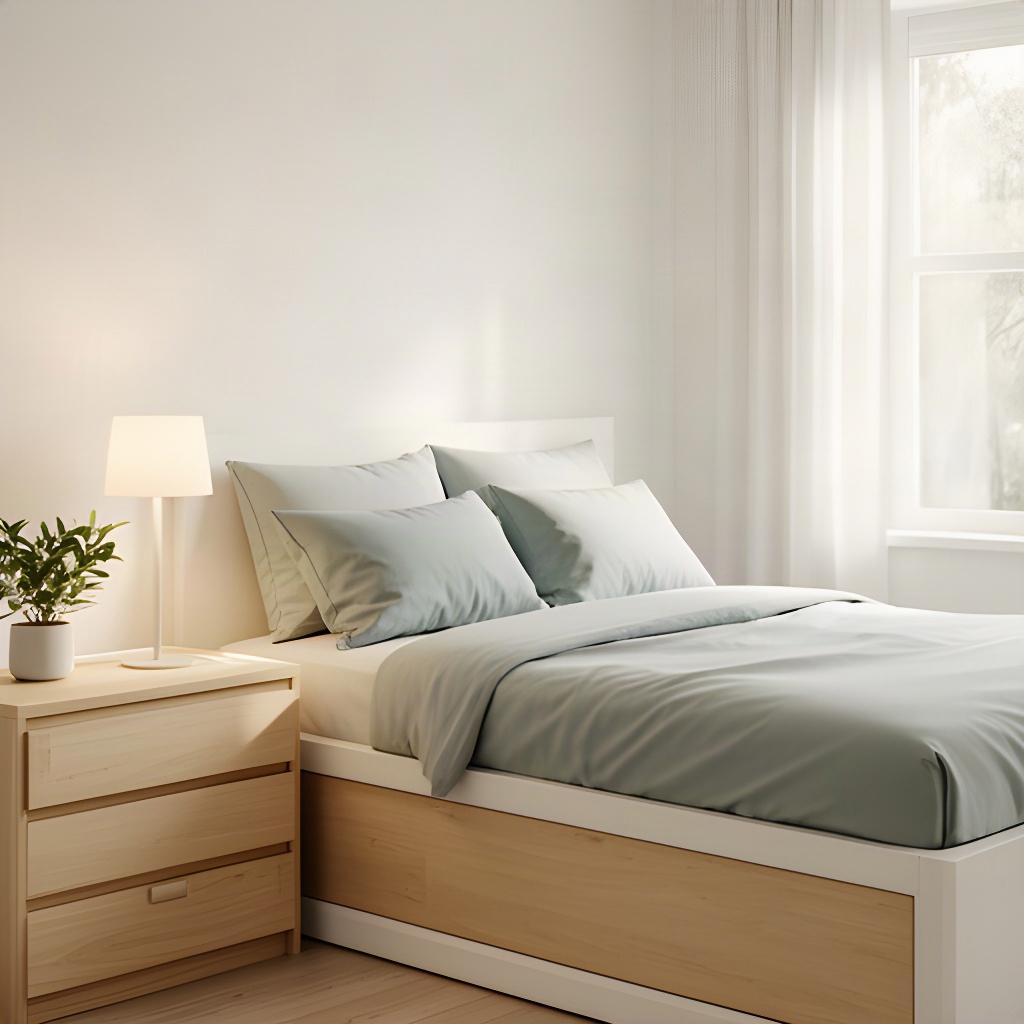 Bedroom with clear bedside surfaces, organised drawers and soft natural light through a window