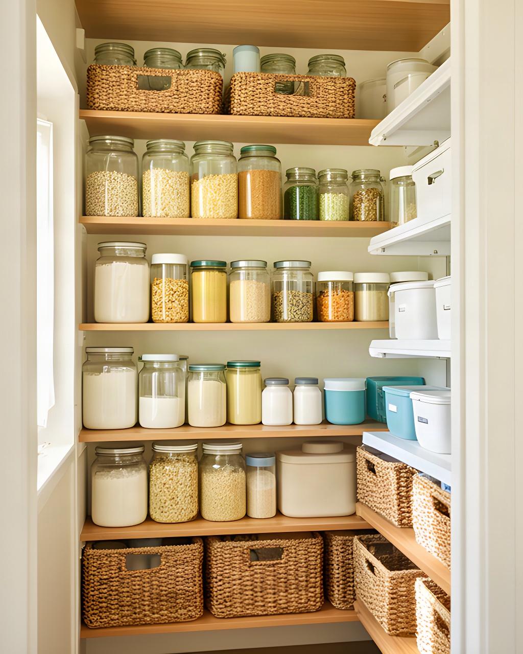 Neatly arranged pantry shelves with labelled jars and baskets in a bright Atherton home
