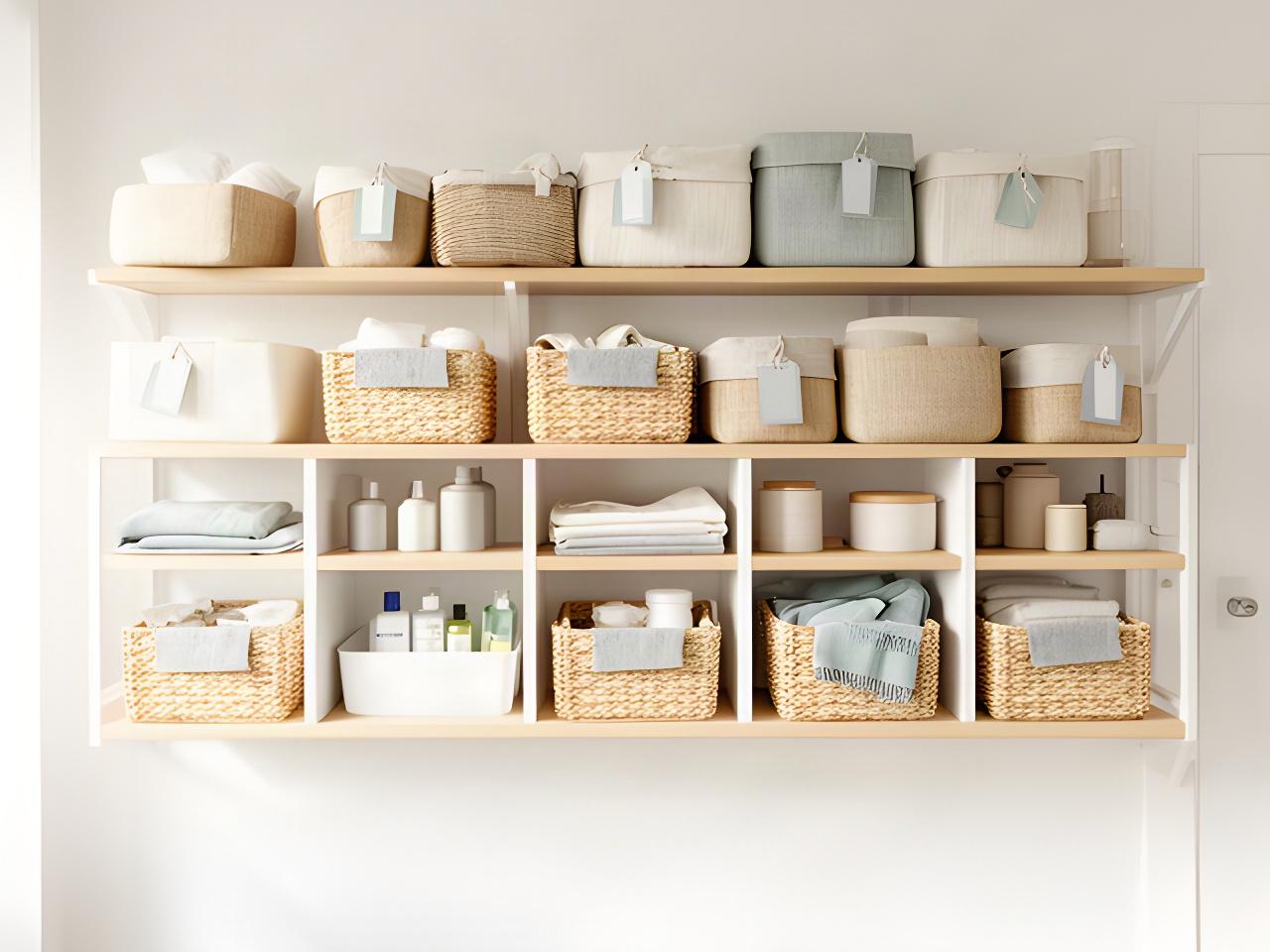 Open storage shelves using simple baskets to group household supplies in a light-filled home