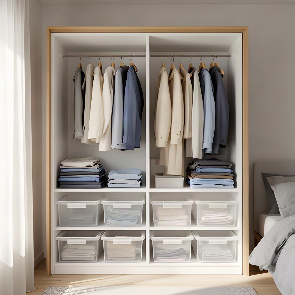 An organised bedroom wardrobe with folded clothes, hanging space and clear storage boxes