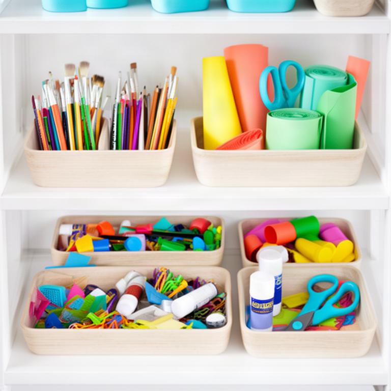 Craft and school supplies sorted into shallow containers on accessible shelves