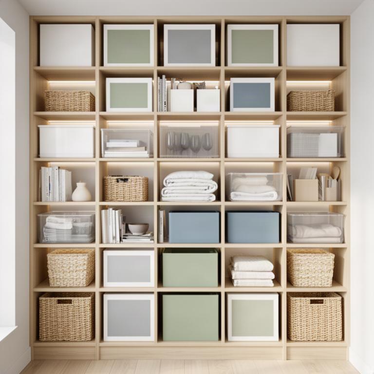 A custom storage arrangement with adjustable shelving, labelled containers and often-used items at hand