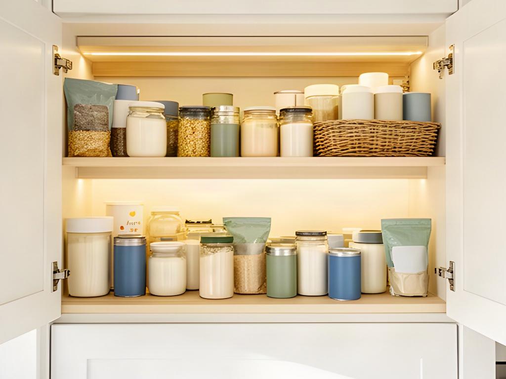 Detached home kitchen cupboard with existing shelves arranged for frequently used pantry items