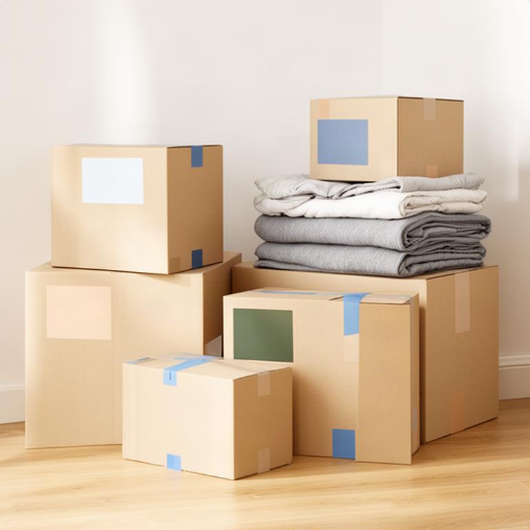 Moving boxes labelled by room beside a tidy stack of belongings ready for a smaller home