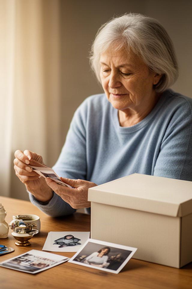 Older adult reviewing a small set of household keepsakes beside a labelled storage box in a calm room