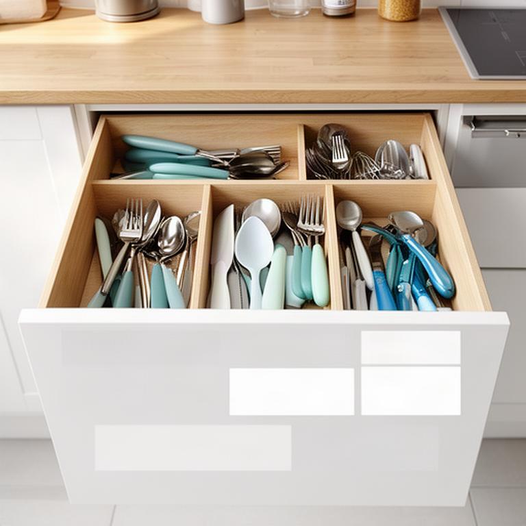Neatly arranged kitchen drawers with large-print labels and utensils placed at a comfortable height