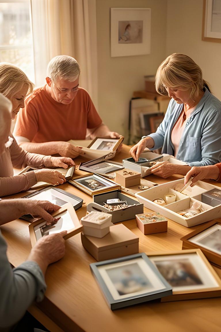 Family members carefully sorting framed photographs and keepsakes together at a dining table