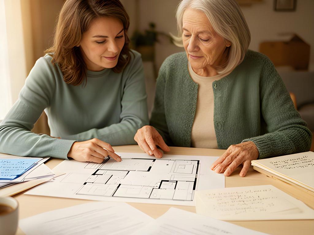 Adult daughter and older parent reviewing a room plan and handwritten sorting notes at home
