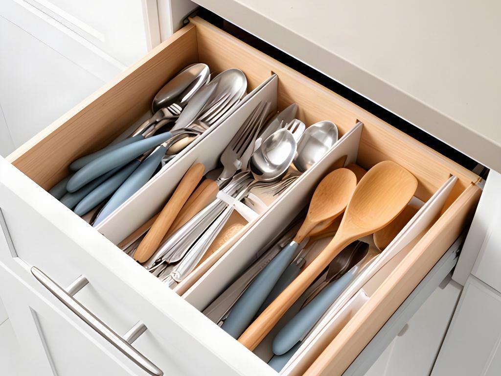 Kitchen drawer fitted with simple dividers so frequently used utensils are visible and easy to return