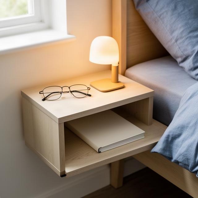 Open bedside shelf with reading glasses, a book and a lamp kept within comfortable reach
