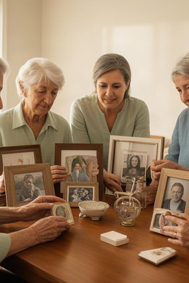 Family members reviewing keepsakes together in a sunlit Queensland home