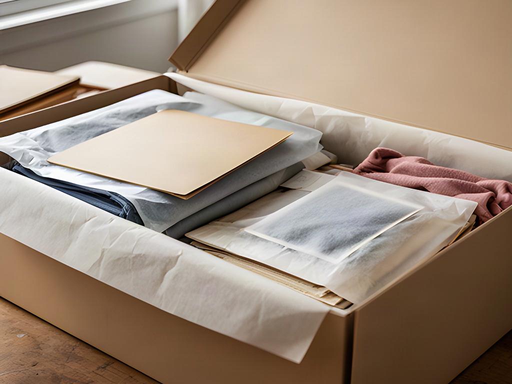 Archival-style boxes and tissue protecting family photographs and folded textiles
