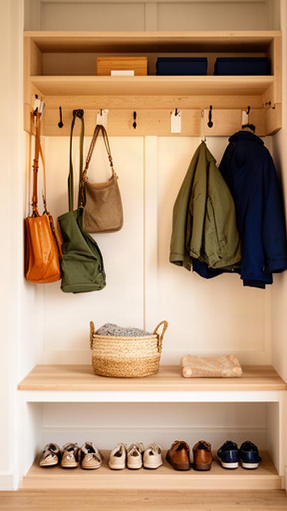 Entry cupboard with hooks at different heights and a neat bench for shoes in a family home