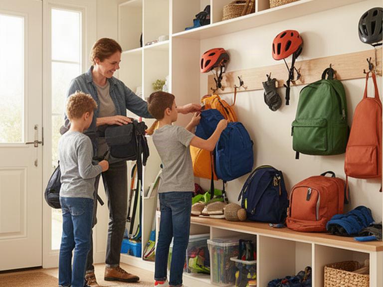 Family sorting school bags and sports equipment into accessible storage by the entry to their home