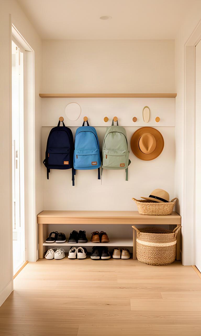 Family entryway with low hooks for children's school bags, a shoe bench and a basket for hats