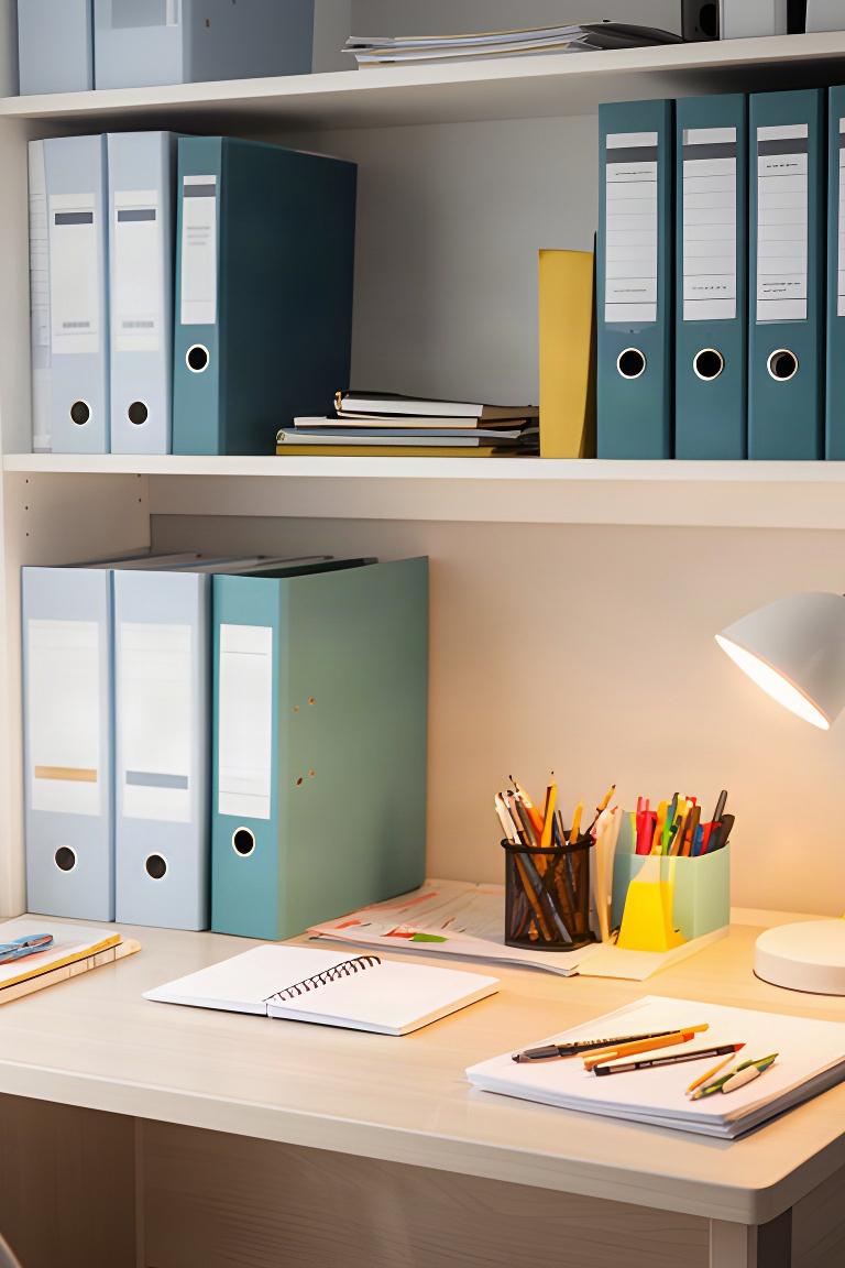 Compact family home office with labelled folders, a clear work surface and school study supplies stored together