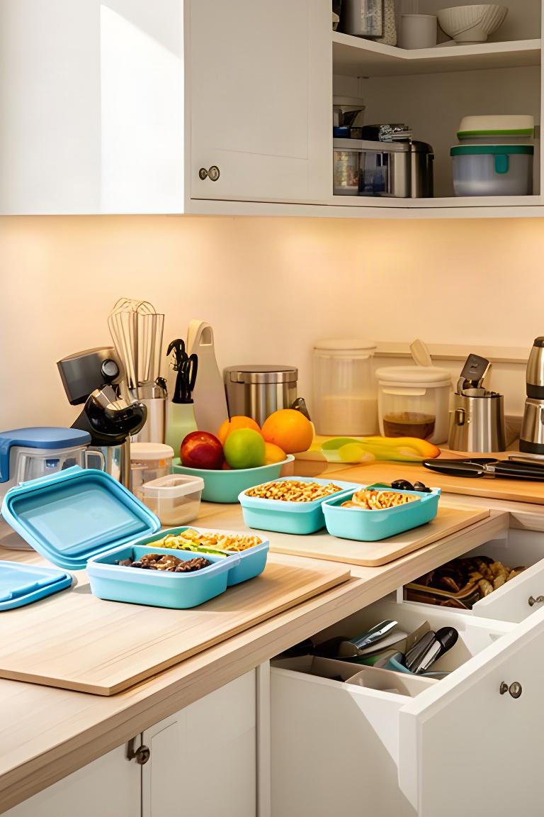Family kitchen with clearly arranged cooking tools and a lunchbox preparation zone on an accessible counter